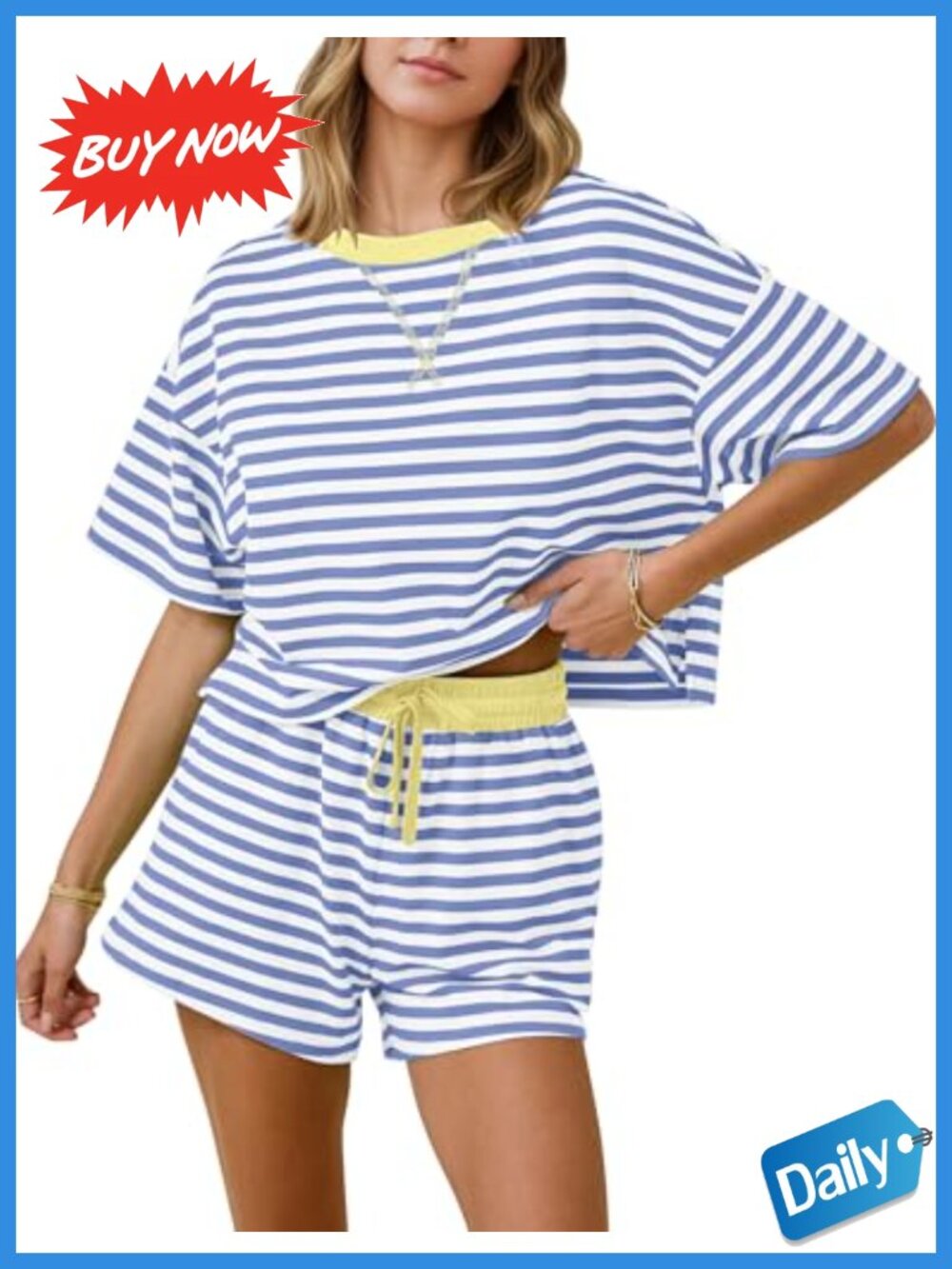 Womens Cotton Blend Striped Lounge Set Short Sleeve Tee & Shorts 2 Piece